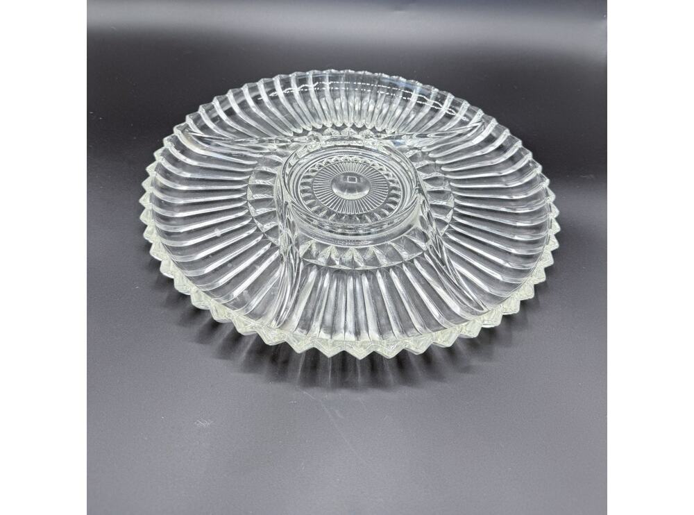 Vintage Clear Pressed Glass Round Serving Tray Ribbed Scalloped Edge Platter